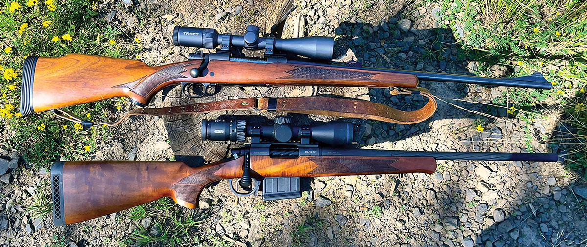 The Winchester Model 70 in 30-06 Springfield (top) held a Tract TORIC HD 2-10x 44mm scope in matching Warne rings. The Balikli BLK (from EAA Corp.) in 308 Winchester (bottom) held a Meopta MeoPro 2-10x 42 PA in Warne rings.